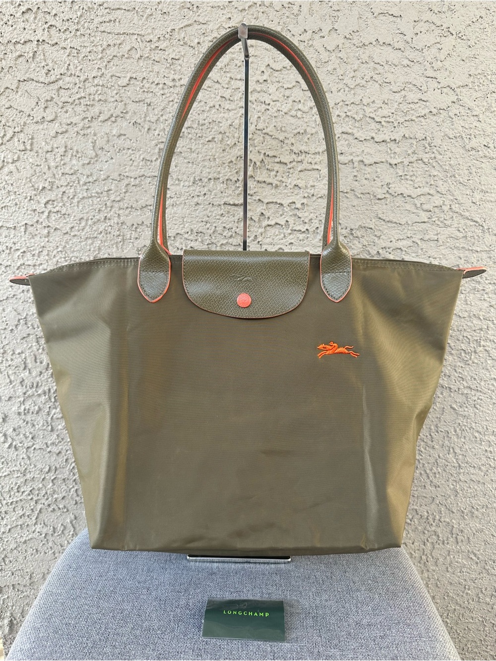 Longchamp Olive Tote with Orange Accents